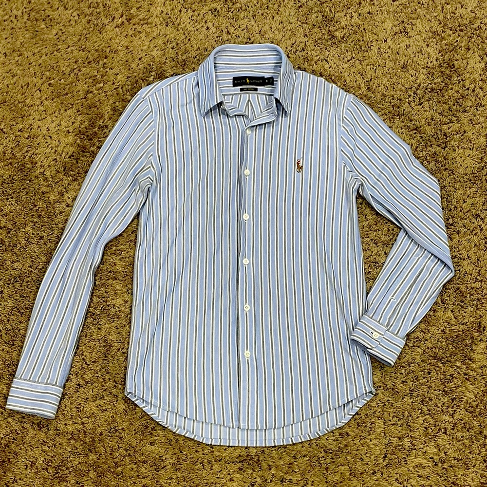 ralph lauren blue knit oxford collared shirt